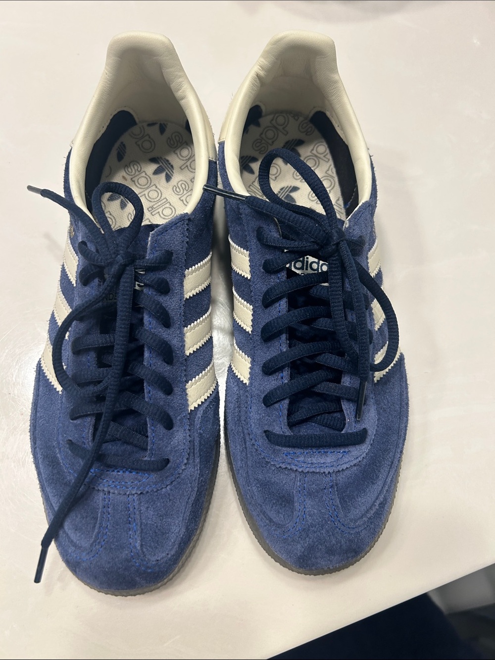 adidas Womans Navy Suede Sneakers with White Stripes